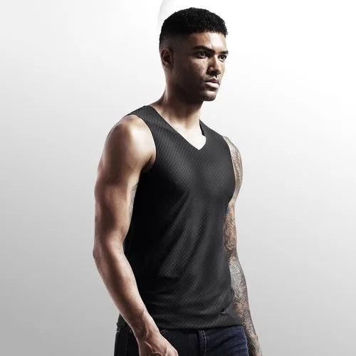 Miniatura 4 de Camisetas de verano transpirables de seda de hielo para hombre, camisetas sin mangas para cultiva el movimiento de fitness en V, camisetas rojas