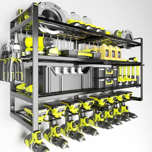 Miniatura 9 de KAFAHOM Organizador de herramientas eléctricas, soporte de pared grande para 8 taladros con 2 tableros de clavijas laterales, estante de Verde