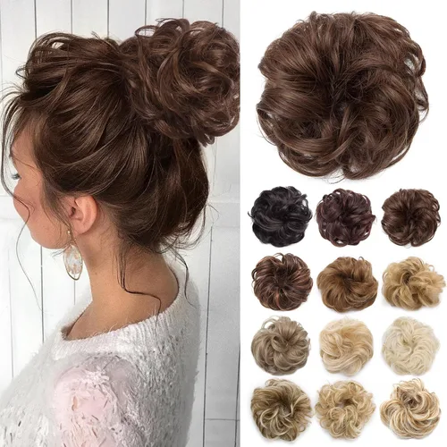 Miniatura 27 de Benehair Moño desordenado, pieza de pelo recogido para mujer, esponjoso, ondulado, moño con dona, moño sintético con banda elástica de goma