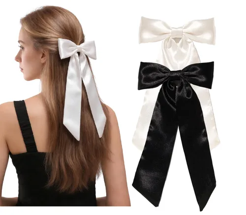Miniatura 9 de Furling Pompoms Pinzas para el cabello con cola larga, 2 pinzas para el pelo de cinta negra para mujer, pasadores de lazo de satén, lazos grandes