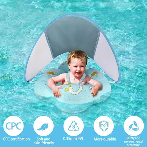 Miniatura 3 de WYRIAZA Flotador para bebé con toldo, flotador de natación para piscina para bebés, flotadores para niños pequeños con protección solar UPF50+, Azul