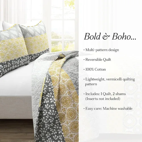 Miniatura 8 de Lush Decor Juego de colcha reversible de algodón con diseño bohemio a rayas, juego de 3 piezas, matrimonial/reina, amarillo y gris - Juego de ropa