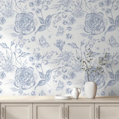 Papel tapiz azul para despegar y pegar, papel de pared floral bordado bohemio, papel de contacto para dormitorio, baño, papel tapiz azul marino y