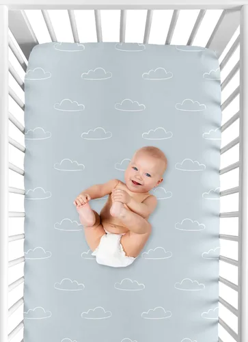 Miniatura 6 de Sweet Jojo Designs Blue Clouds - Sábana bajera para cuna portátil para cuna o paquete y juego, pizarra y cielo de nube blanca para aviador vintage