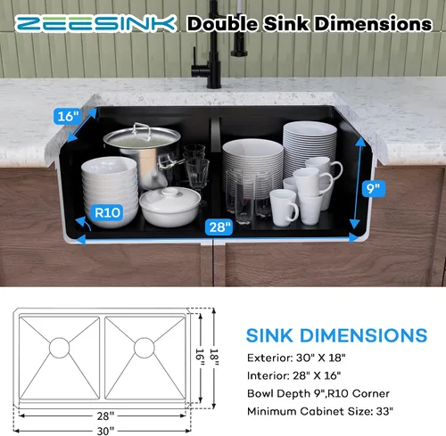 Miniatura 7 de Fregadero de Cocina de Doble Tazón 30" X 18", Fregadero de Cocina Negro de Montaje Inferior, Fregaderos Dobles de Montaje Inferior de Acero Acero