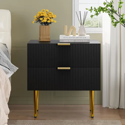 Miniatura 7 de Mesita de noche blanca para dormitorio, juego de 2 mesitas de noche acanaladas, mesa de noche moderna de mediados de siglo con patas de metal dorado