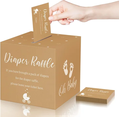 Miniatura 9 de Funrous 51 boletos para rifa de pañales con caja para invitaciones de juegos de baby shower, tarjeta de rifa de pañales para revelación de género