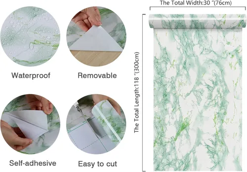 Miniatura 2 de CHIHUT Papel de contacto de mármol verde brillante extra ancho de 30 x 118 pulgadas, papel tapiz autoadhesivo para encimeras de baño, cocina, papel