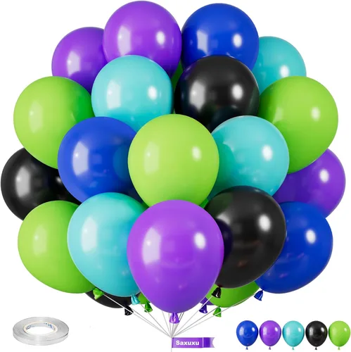 Miniatura 20 de Globos Saxuxu azul, amarillo y naranja, de 12 pulgadas, globos retro azul marino, amarillo y naranja, de látex y helio para cumpleaños de niños