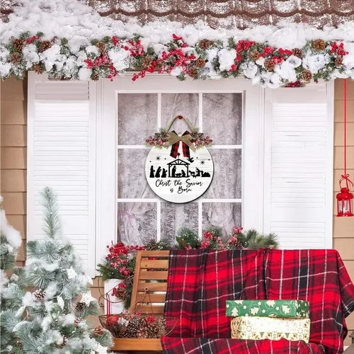 Miniatura 3 de Adorno de Navidad para colgar en la puerta, adornos de pesebre, Jesucristo el Salvador ha nacido, letrero de puerta delantera, decoración
