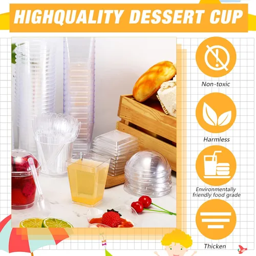 Miniatura 4 de Eaasty 100 juegos de tazas de postre con tapas y cucharas, vasos de plástico para yogur, parfait y aperitivo, recipientes redondos y cuadrados