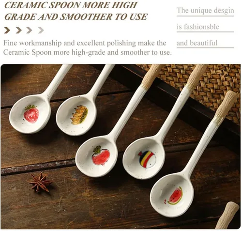 Miniatura 4 de Operitacx Cuchara de cerámica Cucharas retro Azúcar Japonés Fideos Grandes Fideos Coreanos Sopa Postre Asiático Cuchara Fórmula Cucharas Coreana