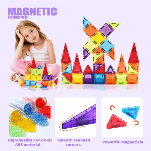 Miniatura 5 de Mini azulejos magnéticos, juego de 70 azulejos magnéticos de viaje con caja de hierro, bloques de construcción magnéticos portátiles para niños de 3
