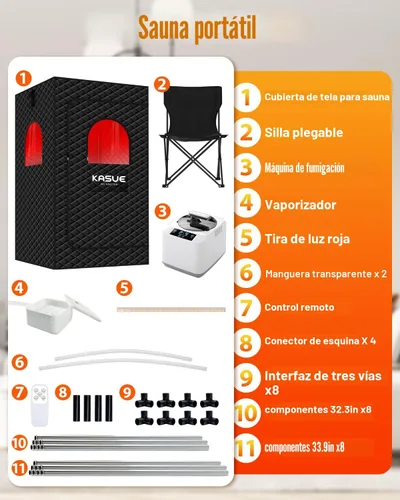 Miniatura 6 de KASUE Tienda de sauna de vapor portátil para el hogar, sauna infrarroja con vapor de 3 L, 9 niveles de temperatura y temporizador de 99 minutos, 5