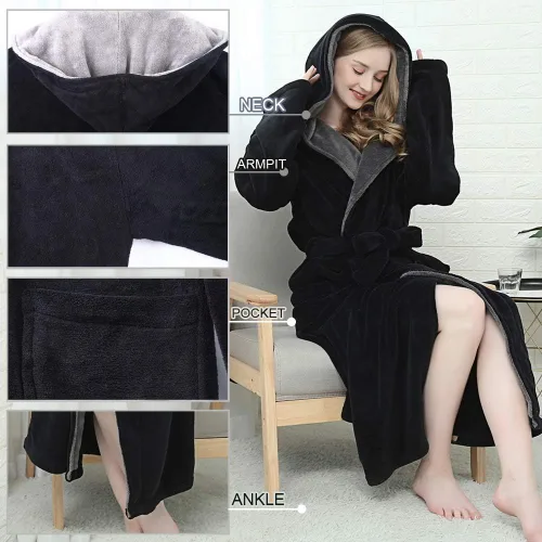 Miniatura 5 de KEMUSI Bata de baño tipo kimono largo con capucha para mujer, diseño de espiga, cómodo camisón cálido de longitud completa