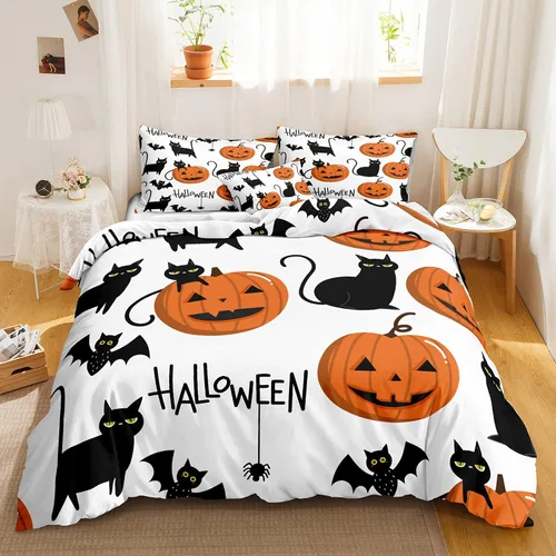 Miniatura 32 de Juego de funda de edredón de calabaza para Halloween, divertido diseño de calabaza malvada, color negro, juego de ropa de cama Tiwn 1 funda