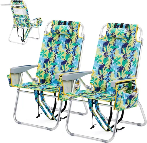 Miniatura 10 de VINGLI Silla de Playa Alta Paquete de 2 Ligera, Silla de Playa Tipo Mochila para Adultos con 5 Posiciones, Bolsa Refrigeradora, Portavasos, Barra