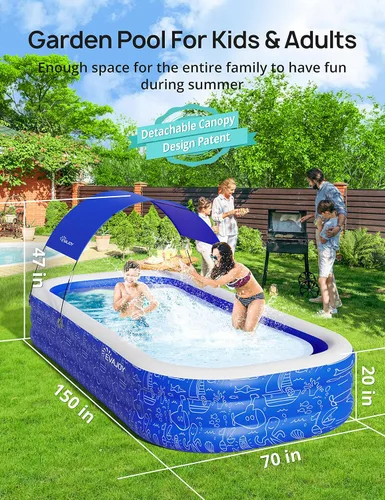 Miniatura 3 de Piscina inflable grande con toldo, 150 x 70 x 20 pulgadas, piscina inflable de tamaño completo para niños y adultos, piscina infantil con sombrilla