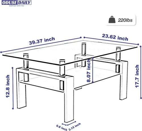 Miniatura 2 de ODUSE-DAILY Morden Design - Mesa auxiliar rectangular de cristal para sala de estar, con patas de metal negro, vidrio templado transparente