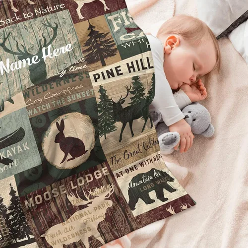 Miniatura 2 de Manta personalizada de camuflaje con diseño de ciervos y osos, conejo, lobo y bosque, manta de bebé con lunares minky para niños y niñas, manta a