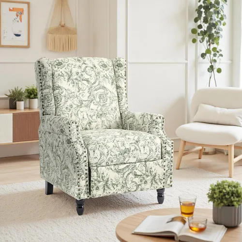 Miniatura 20 de Silla reclinable tapizada, sillón de ala floral con respaldo y reposapiés ajustables, cómoda silla decorativa para leer, sofá individual