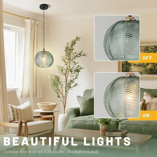 Miniatura 3 de Green Hand Blown Glass Globe Pendant Lights Mid Century Modern Ceiling Hanging Light Fixtures 8.2“ Farmhouse Striped Gold Chandelier for Kitchen