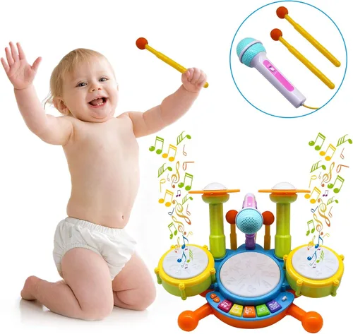 Miniatura 6 de Juego de batería para niños pequeños, instrumentos musicales para niños, juguetes para regalos de cumpleaños de niños, kit de batería eléctrica