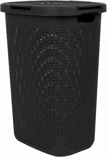 Miniatura 7 de Mind Reader Cesta delgada para ropa sucia de 60 L, cesta de ropa, tapa, diseño de mimbre, plástico, 17.65 pulgadas de largo x 13.75 pulgadas de Negro