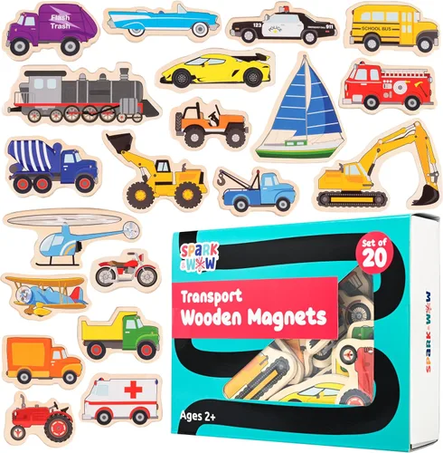 Spark & Wow Imanes de madera | Transporte | Imanes para niños a partir de 2 años | Juego abierto | Se adhieren a refrigeradores, pizarras blancas y
