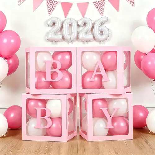 Miniatura 9 de Cajas de bebé con letras para baby shower, 4 cajas de globos transparentes con 60 letras para decoraciones de revelación de género, bloques de bebé