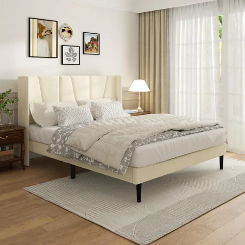 Sismplly Base de cama tamaño Queen con cabecera, cama tamaño Queen tapizada en terciopelo con plataforma y respaldo, base de colchón con soporte de