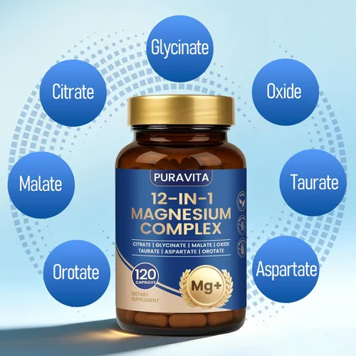 Miniatura 4 de Puravita Complejo de magnesio Puravita 12 en 1 Suplemento de magnesio con glicinato, citrato, malato, óxido, taurat y más para apoyo muscular