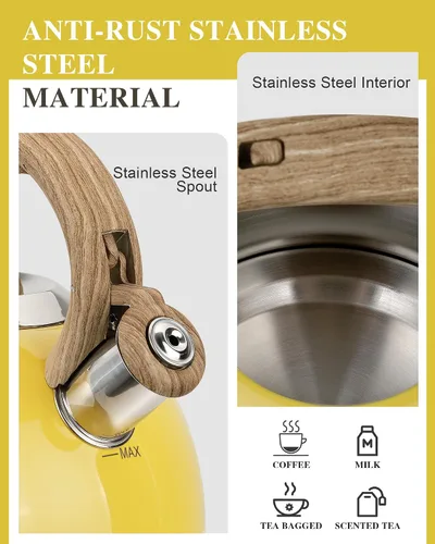 Miniatura 4 de Tetera para Estufa, 2.7QT Tetera Silbadora de Acero Inoxidable para Parte Superior de Estufa Estética, Hervidores de Agua Portátiles para Acampar