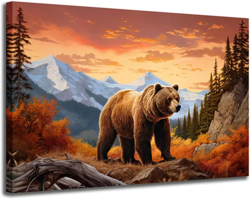 GLOKAKA Arte abstracto de pared con diseño de oso marrón en la montaña Giclée, póster con imagen de bosque y montaña rocosa, obra de arte para