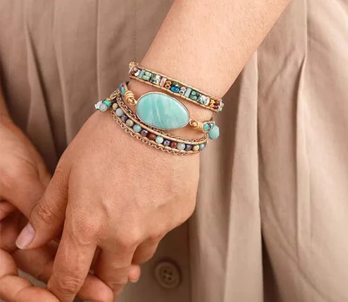 Miniatura 5 de ZOSOJONA Pulsera envolvente para mujer, estilo bohemio, con cuentas de cristal de jaspe natural, Cuero, Ágata