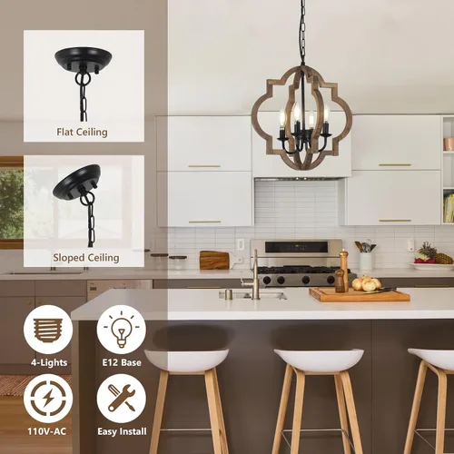 Miniatura 2 de Lámparas de araña de granja, lámparas de 4 luces para comedor sobre la mesa, lámparas de araña de madera maciza para comedor, lámparas rústicas