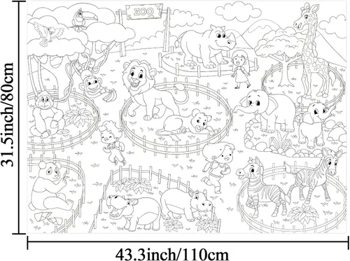 Miniatura 2 de Póster gigante para colorear de animales del zoológico para niños, mantel grande para colorear, rollo de actividad, papel de dibujo, hojas