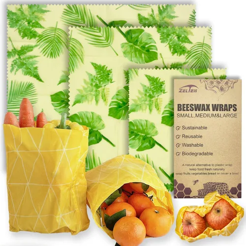 Miniatura 25 de Zelten Envolturas reutilizables de cera de abejas (3 paquetes, 3 tamaños S, M, L) sin plástico y silicona, envoltura ecológica, papel de cera