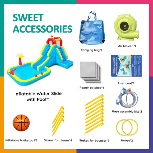 Miniatura 7 de Tobogán acuático inflable, Tobogán de agua inflable con pared de escalada, Tobogán de agua para niños en el patio trasero con aro de baloncesto