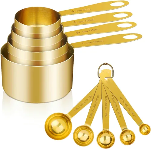 GuDoQi Juego de 9 tazas y cucharas medidoras, mango de acero inoxidable con medidas métricas y estadounidenses, acabado pulido dorado, taza medidora