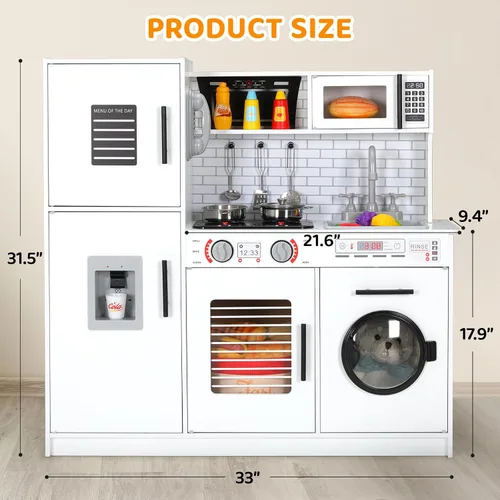 Miniatura 2 de Arlopu Juego de cocina para niños, juego de juguetes de madera con diseño realista, sonidos de luces, ollas y utensilios para niños y niñas a partir