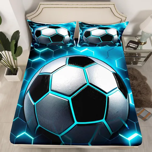 Miniatura 9 de Erosebridal Sábana bajera ajustable con estampado de fútbol, tamaño individual, para niños y niñas, juego de ropa de cama de juegos de pelota, funda