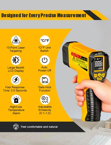 Miniatura 3 de NJTY Pistola Termómetro Infrarrojo, -58℉ a 1472℉, Alta Precisión, Sensor de Temperatura Láser Sin Contacto con Pantalla LCD Retroiluminada