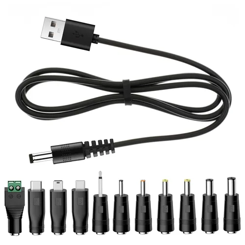 Cargador Universal Power Core, USB 5V a DC 5.5x2.1mm, Cable de Carga con 11 Conectores (Micro-USB, Type-C, Mini USB, 2.5x0.7, 3.0x1.1, 3.5x1.35,