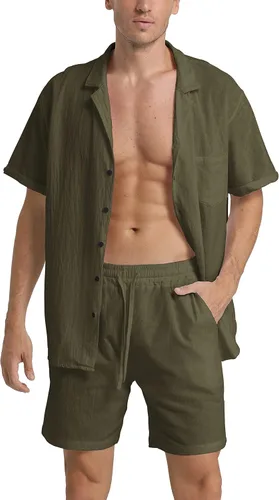 Miniatura 2 de RPOVIG Conjunto corto de camisa de lino conjunto casual de 2 piezas con botones para hombre
