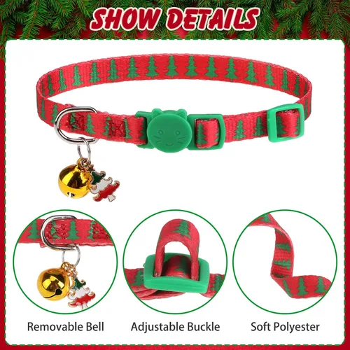 Miniatura 4 de Collares Navideños Separables para Gatos con Campana y Bonitos Colgantes - Paquete de 3 Collares de Seguridad Ajustables para Gatitos - Collar