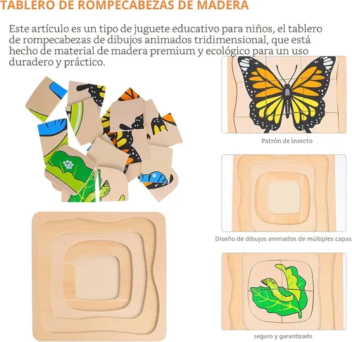 Miniatura 7 de jojofuny Tablero de rompecabezas de madera 3D de animales y plantas, juguete educativo multicapa para niños, rompecabezas portátil para entrenar