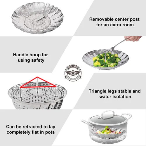 Miniatura 4 de Zocy Cesta de vapor, cestas de vapor de verduras de acero inoxidable para cocinar al vapor expandible para adaptarse a ollas de varios tamaños