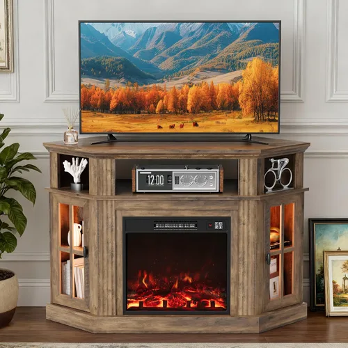 Miniatura 10 de Furmax Soporte esquinero para TV con chimenea de hasta 55 pulgadas, consola moderna con chimenea eléctrica de 18 pulgadas, centro de entretenimiento
