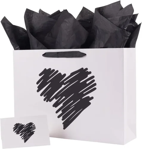 Miniatura 11 de ysmile Pequeña bolsa de regalo negra con papel de seda para hombres, fiesta de cumpleaños, aniversario, día del padre, 7.8 pulgadas, corazón dorado